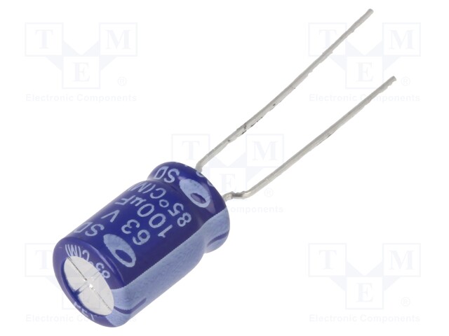 Capacitor: electrolytic; THT; 100uF; 63VDC; Ø8x11.5mm; ±20%; 2000h