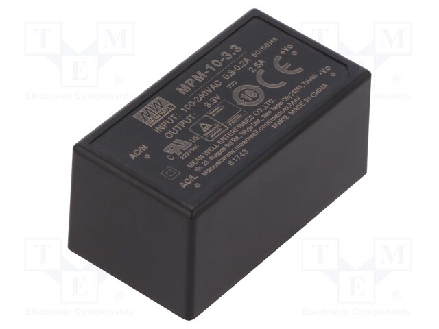 Power supply: switched-mode; modular; 8.3W; 3.3VDC; 2.5A; 35g; 78%