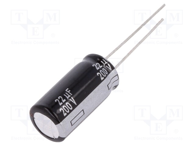 Capacitor: electrolytic; THT; 22uF; 200VDC; Ø10x20mm; Pitch: 5mm