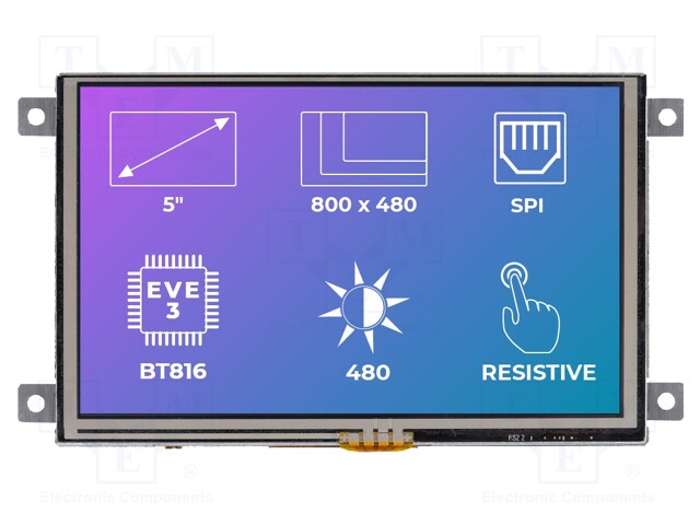 Display: TFT; 5"; 800x480; Illumin: LED; Dim: 121.5x76.6x8.63mm