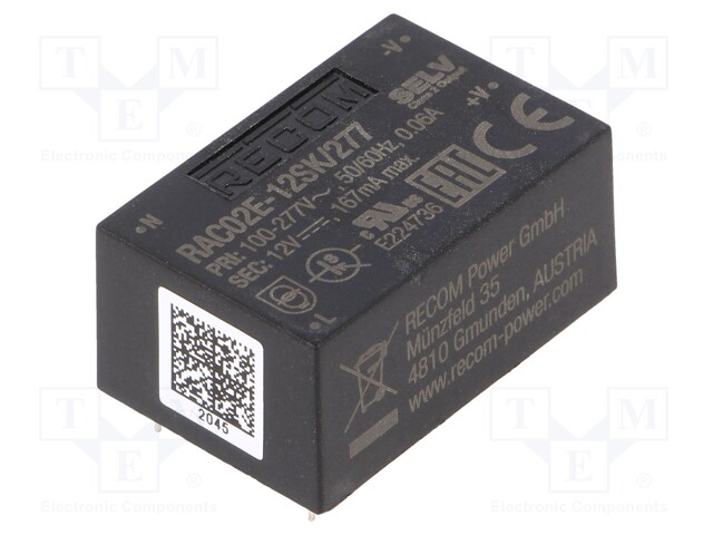 Converter: AC/DC; 2W; Uout: 12VDC; Iout: 167mA; 73%; Mounting: PCB