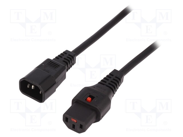 Cable; IEC C13 female,IEC C14 male; 2m; with locking; black; PVC