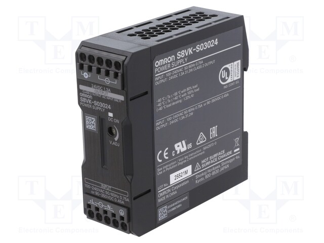 AC/DC DIN Rail Power Supply (PSU), ITE, 1 Output, 30 W, 24 V, 1.3 A