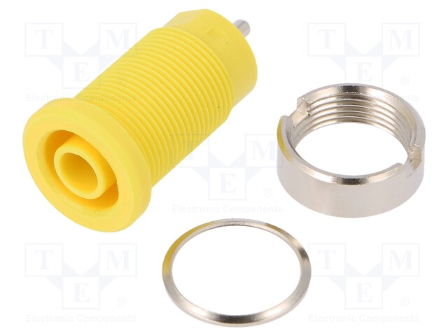 Socket; 4mm banana; 24A; yellow; nickel plated; screw,on panel