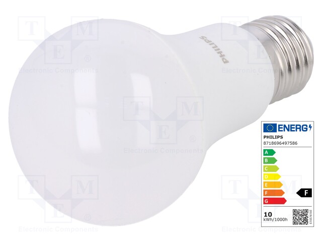 LED lamp; cool white; E27; 230VAC; 1055lm; 10W; 200°; 6500K