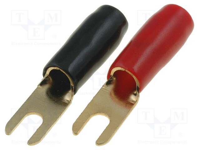 Terminal: fork; M4; 4mm2; gold-plated; insulated; red and black