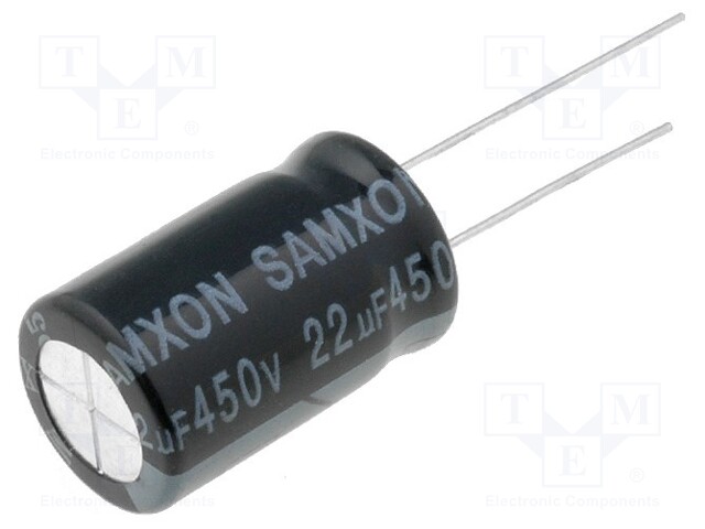 Capacitor: electrolytic; THT; 22uF; 450VDC; Ø12.5x20mm; Pitch: 5mm