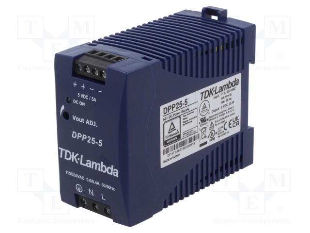 Power supply: switched-mode; for DIN rail; 25W; 5VDC; 5A; -10÷71°C