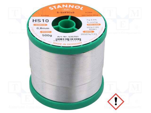 Soldering wire; Sn97Cu3; 0.8mm; 0.5kg; lead free; Package: reel