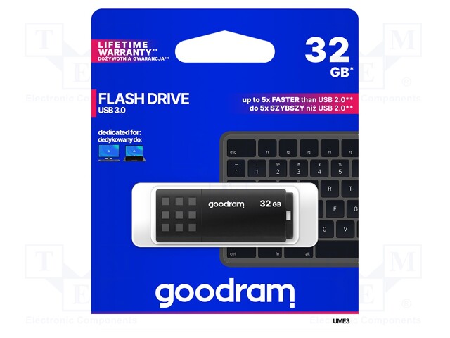 Pendrive; USB 3.0; 32GB; Read: 60MB/s; Write: 20MB/s; Colour: black