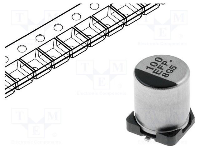 Capacitor: electrolytic; low impedance; 100uF; 25VDC; Case: D8