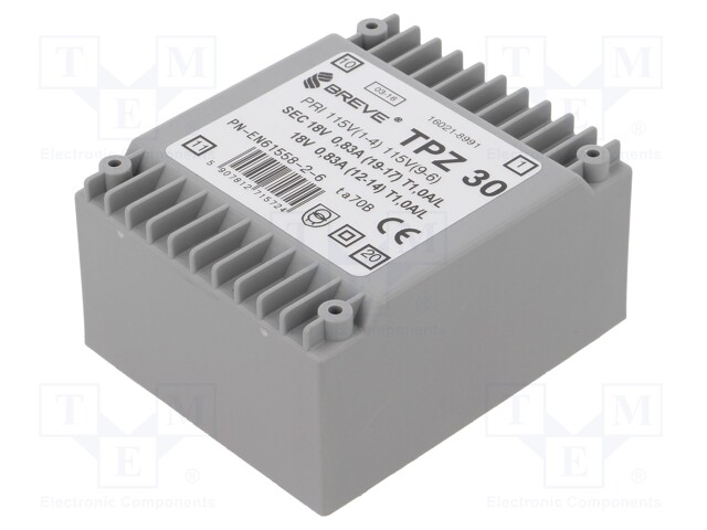 Transformer: mains; 30VA; 115VAC; 18V; 18V; Mounting: PCB; IP00