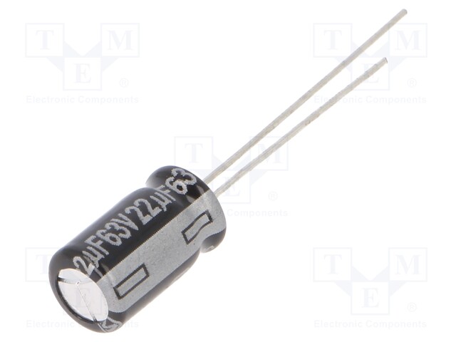 Capacitor: electrolytic; THT; 22uF; 63VDC; Ø6.3x11.2mm; ±20%; 5000h