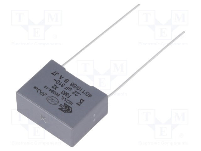 Capacitor: polypropylene; X2; 0.22uF; 15mm; ±10%; 18x13.5x7.5mm