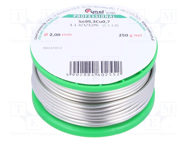 Soldering wire; Sn99,3Cu0,7; 2mm; 250g; lead free; Package: reel