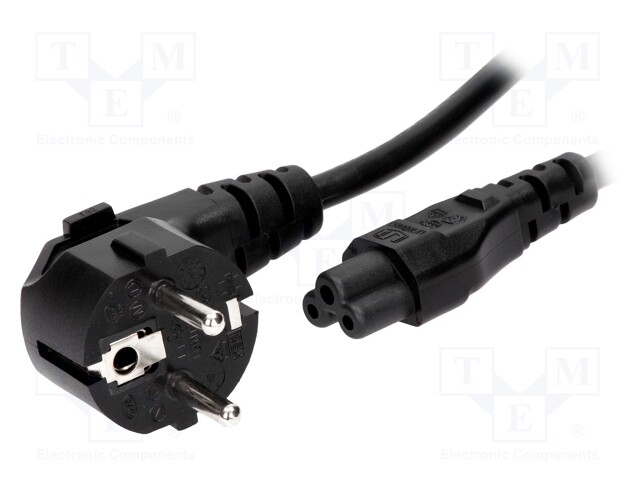 Cable; CEE 7/7 (E/F) plug angled,IEC C5 female; 1.8m; black; PVC