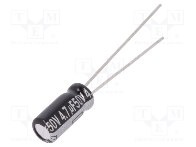 Capacitor: electrolytic; THT; 4.7uF; 50VDC; Ø5x11mm; Pitch: 2mm