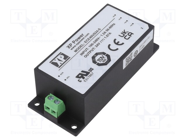 Power supply: switched-mode; 40W; 24VDC; 1.67A; OUT: 1; 170g; 85%