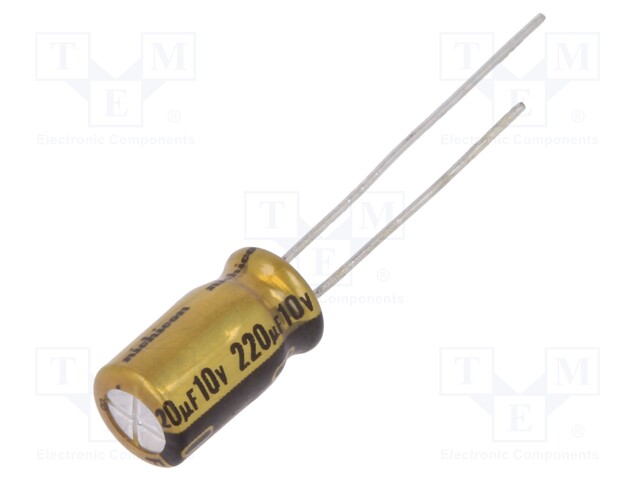 Capacitor: electrolytic; THT; 220uF; 10VDC; Ø6.3x11mm; Pitch: 2.5mm