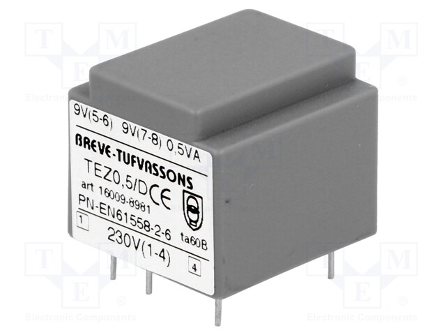 Transformer: encapsulated; 0.5VA; 230VAC; 9V; 9V; 27.7mA; 27.7mA