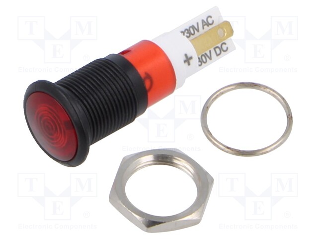 Indicator: LED; prominent; red; 230VAC; Ø12mm; IP50; polycarbonate