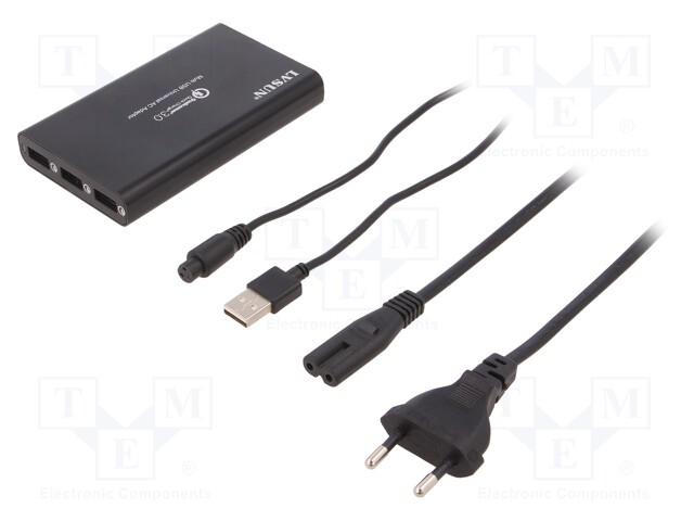 Charger: USB; Usup: 100÷240VAC; Out: USB; Plug: EU; 5/19/19.5V; 3A
