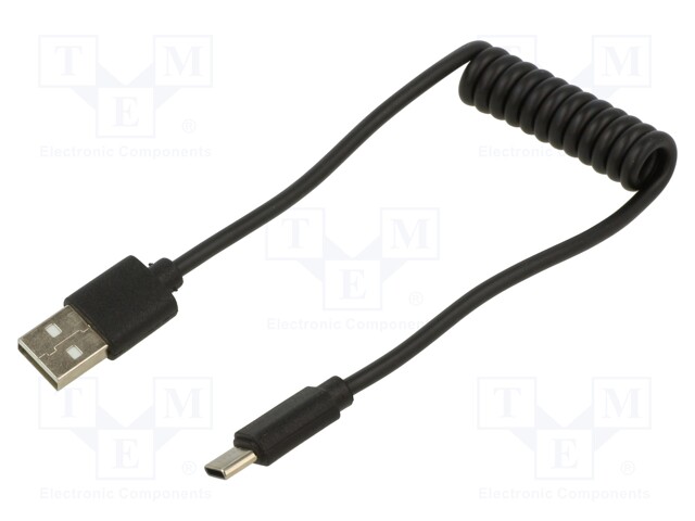 Cable; coiled,USB 2.0; USB A plug,USB C plug; gold-plated; 0.6m