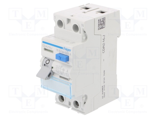 RCD breaker; Inom: 16A; Ires: 30mA; Max surge current: 250A; DIN