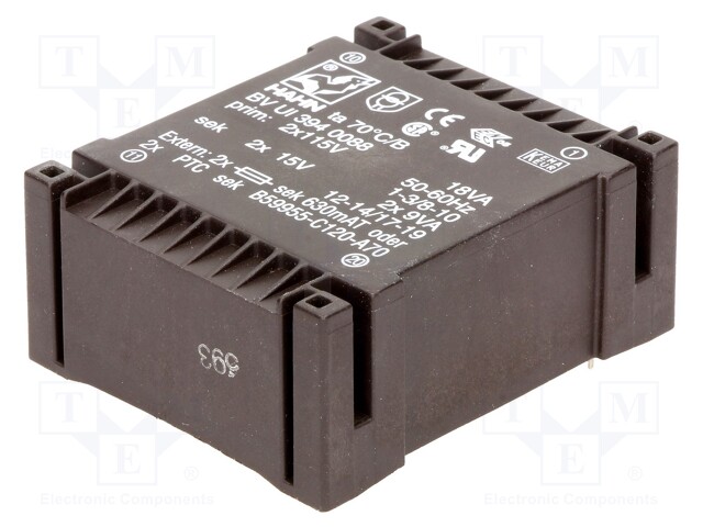 Transformer: encapsulated; 18VA; 115/115VAC; 15V; 15V; 600mA; 600mA