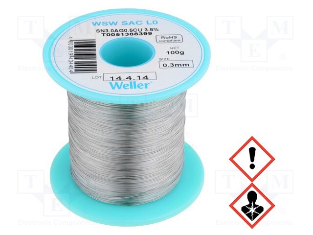 Soldering wire; Sn96,5Ag3,0Cu0,5; 0.3mm; 100g; lead free; 3.5%