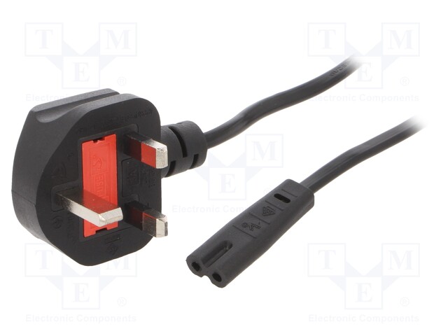 Cable; BS 1363 (G) plug,IEC C7 female; 1.8m; black; PVC; 3A; 250V