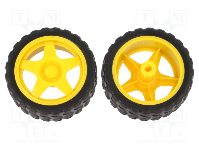 Wheel; yellow; Shaft: two sides flattened; Pcs: 2; push-in; 65mm