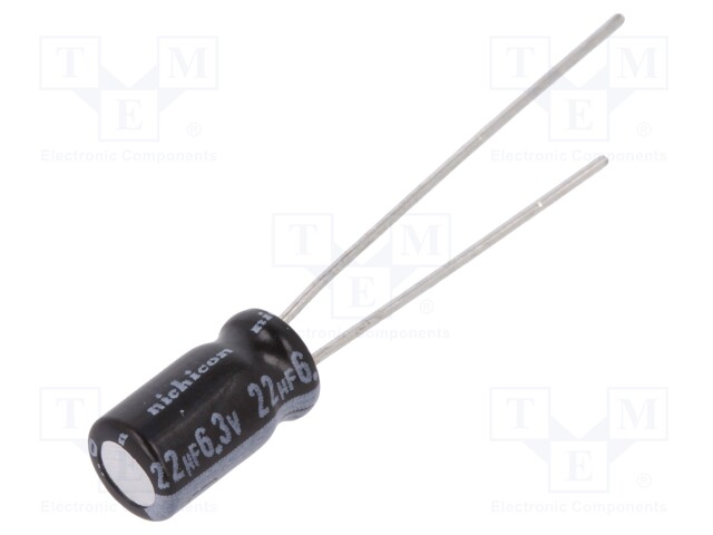 Capacitor: electrolytic; THT; 22uF; 6.3VDC; Ø5x9mm; Pitch: 2mm; ±20%