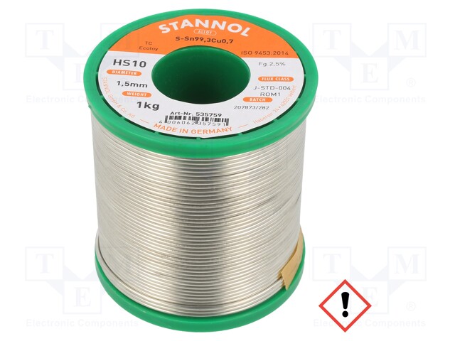 Soldering wire; Sn99Cu1; 1.5mm; 1kg; lead free; Package: reel