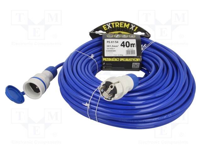 Extension lead; Sockets: 1; PUR; blue; 3x1,5mm2; 40m; 16A