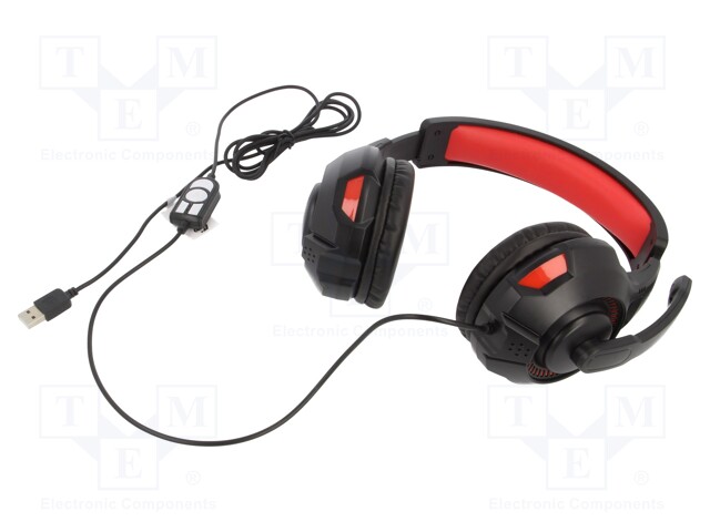 Headphones with microphone; black,red; USB A; headphones; 2m; 32Ω