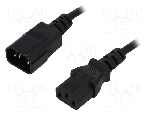 Cable; IEC C13 female,IEC C14 male; 1m; black; PVC; 3x0,75mm2; 10A