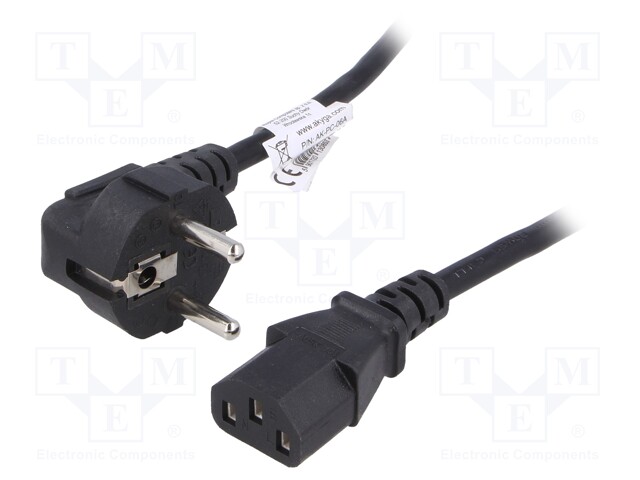 Cable; CEE 7/7 (E/F) plug angled,IEC C13 female; 3m; black; PVC