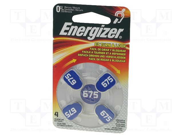 Battery: zinc air (ZnO2); 1.4V; AC675,R1154,coin; Batt.no: 4