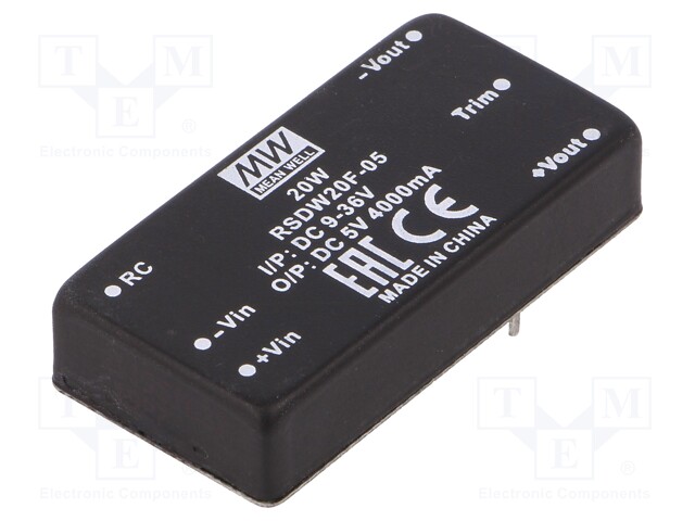 Converter: DC/DC; 20W; Uin: 9÷36V; 5VDC; Iout: 4000mA; 2"x1",DIP