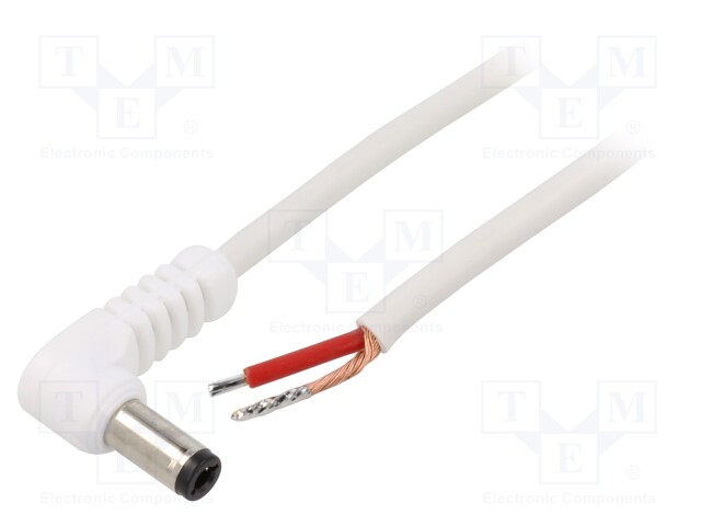 Cable; wires,DC 5,5/2,5 plug; angled; 1mm2; white; 0.5m; -20÷70°C