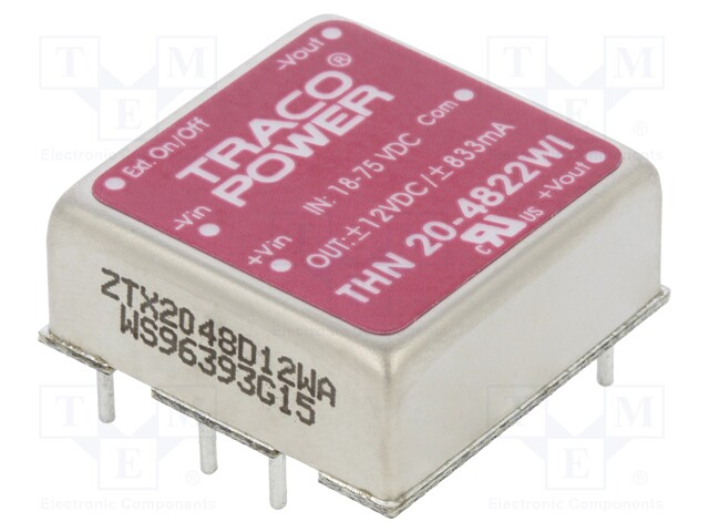 Converter: DC/DC; 20W; Uin: 18÷75V; Uout: 12VDC; Uout2: -12VDC; 1"x1"