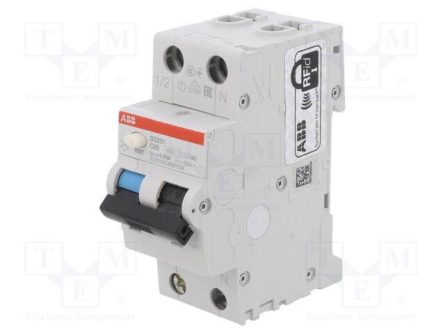 RCBO breaker; Inom: 20A; Ires: 30mA; Poles: 1+N; 230VAC; DIN; IP20