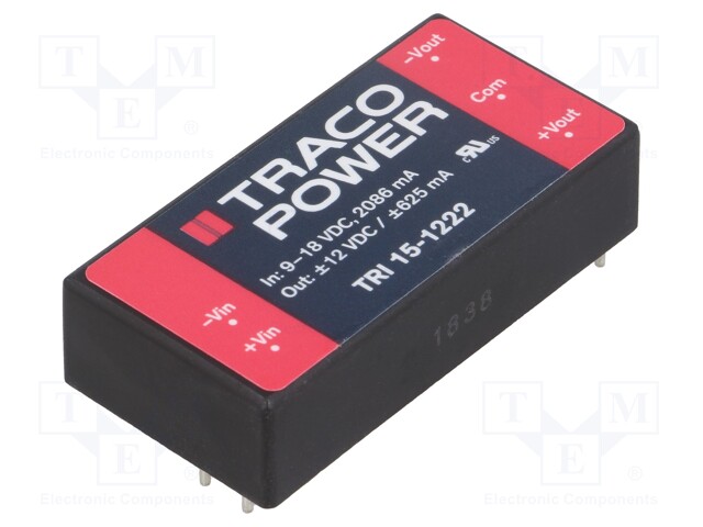 Converter: DC/DC; 15W; Uin: 9÷18V; Uout: 12VDC; Uout2: -12VDC; 2"x1"