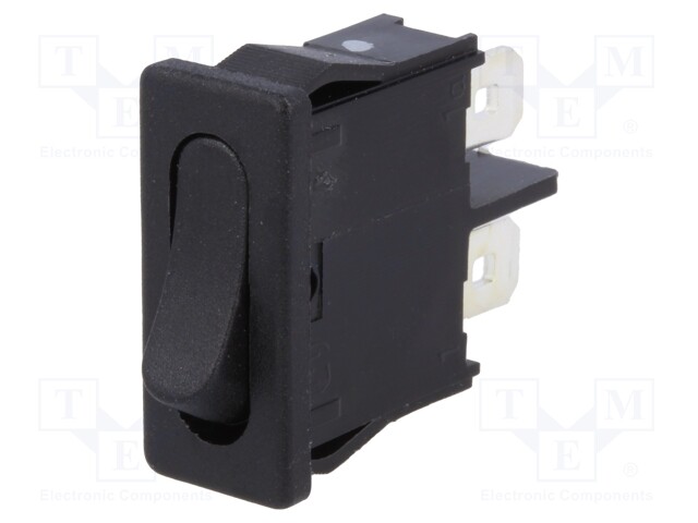 ROCKER; SPST; Pos: 2; OFF-ON; 6A/250VAC; black; IP40; none; 100mΩ