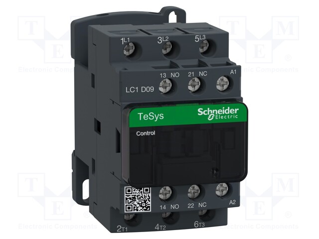 Contactor, TeSys D Series, 9 A, DIN Rail, 690 V, 3PST-NO, 3 Pole, 7.5 hp