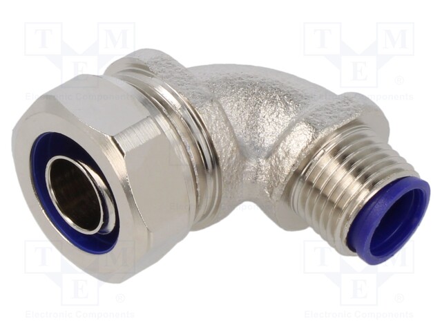 90° angled connector; Thread: metric,non-swivel,outside; brass