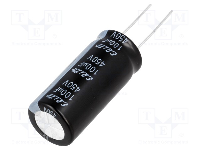 Capacitor: electrolytic; THT; 100uF; 450VDC; Ø18x40mm; Pitch: 7.5mm