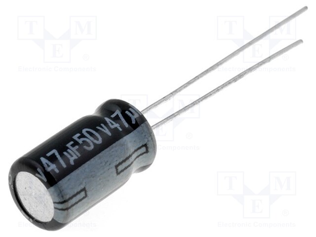 Capacitor: electrolytic; THT; 47uF; 50VDC; Ø6x12mm; Pitch: 2.5mm