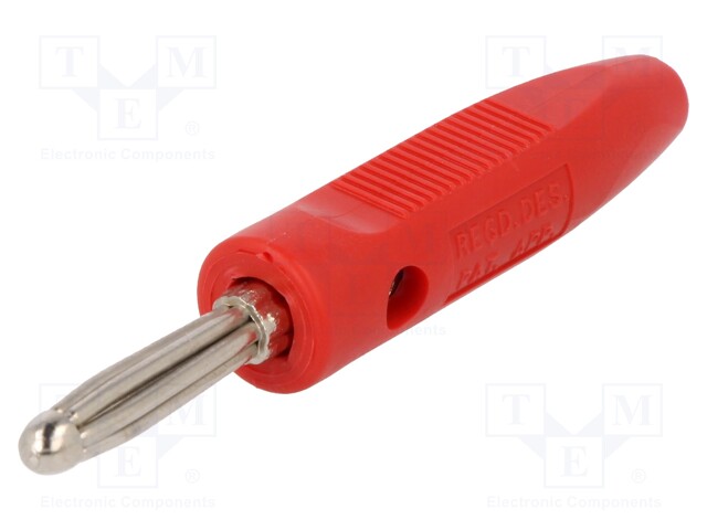 Plug; 4mm banana; 16A; 50VDC; red; with 4mm transversal socket